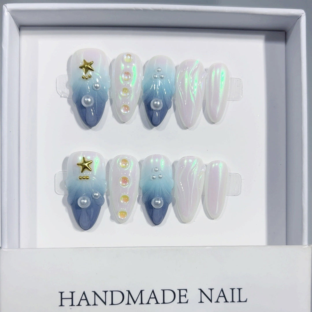 365nails: "Rêve d'Océan Étoilé" – Ongles press-on longs forme stiletto, dégradé bleu, perle, faits main