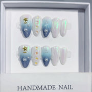 365nails: "Rêve d'Océan Étoilé" – Ongles press-on longs forme stiletto, dégradé bleu, perle, faits main