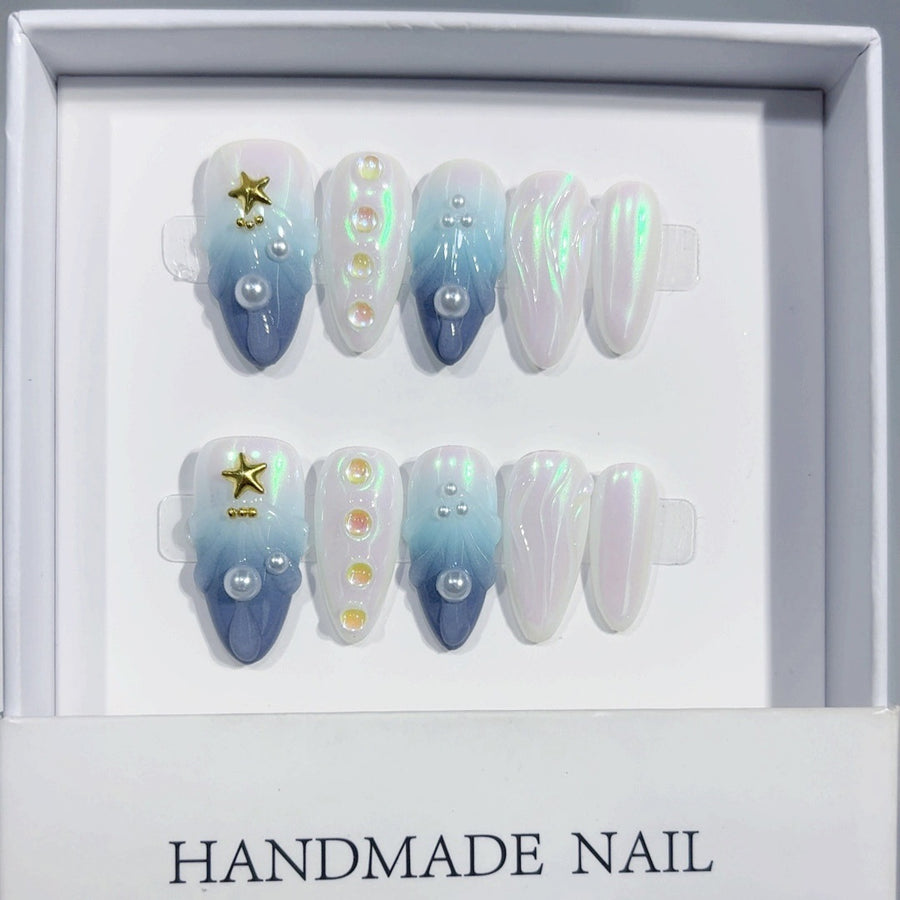 365nails: "Starry Ocean Dream" – Long Stiletto Blue Gradient Pearl Handmade Press-On Nails