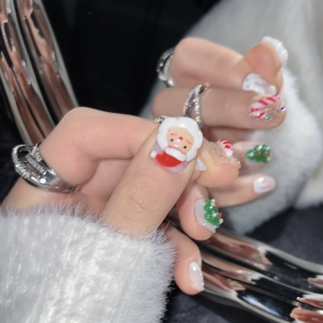 Santa and Christmas Tree Press‑On Nails – Candy Cane Cute Holiday Design