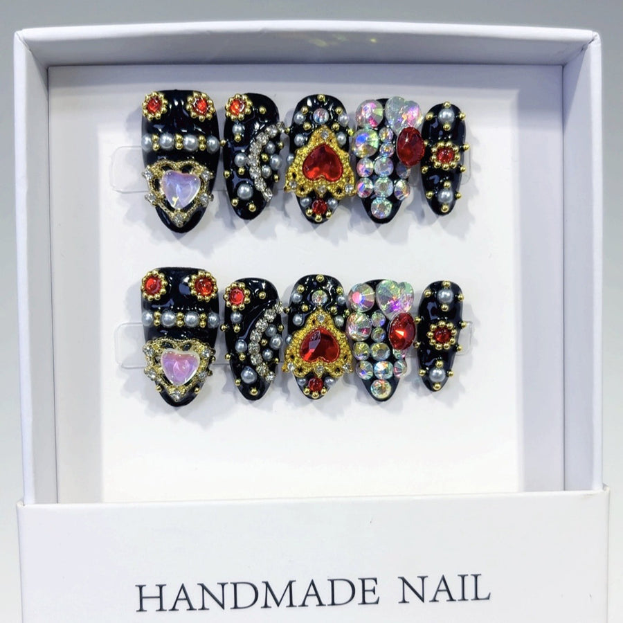 Gothic Gem: "Heart & Crown" – Short Almond Handmade Press On Nails