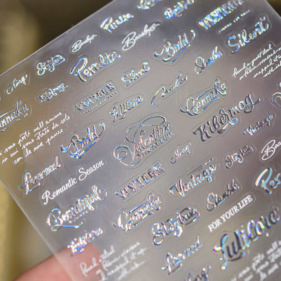 Silver Romantic Script Collection: "Elegant Cursive" – 3D Embossed Nail Sticker