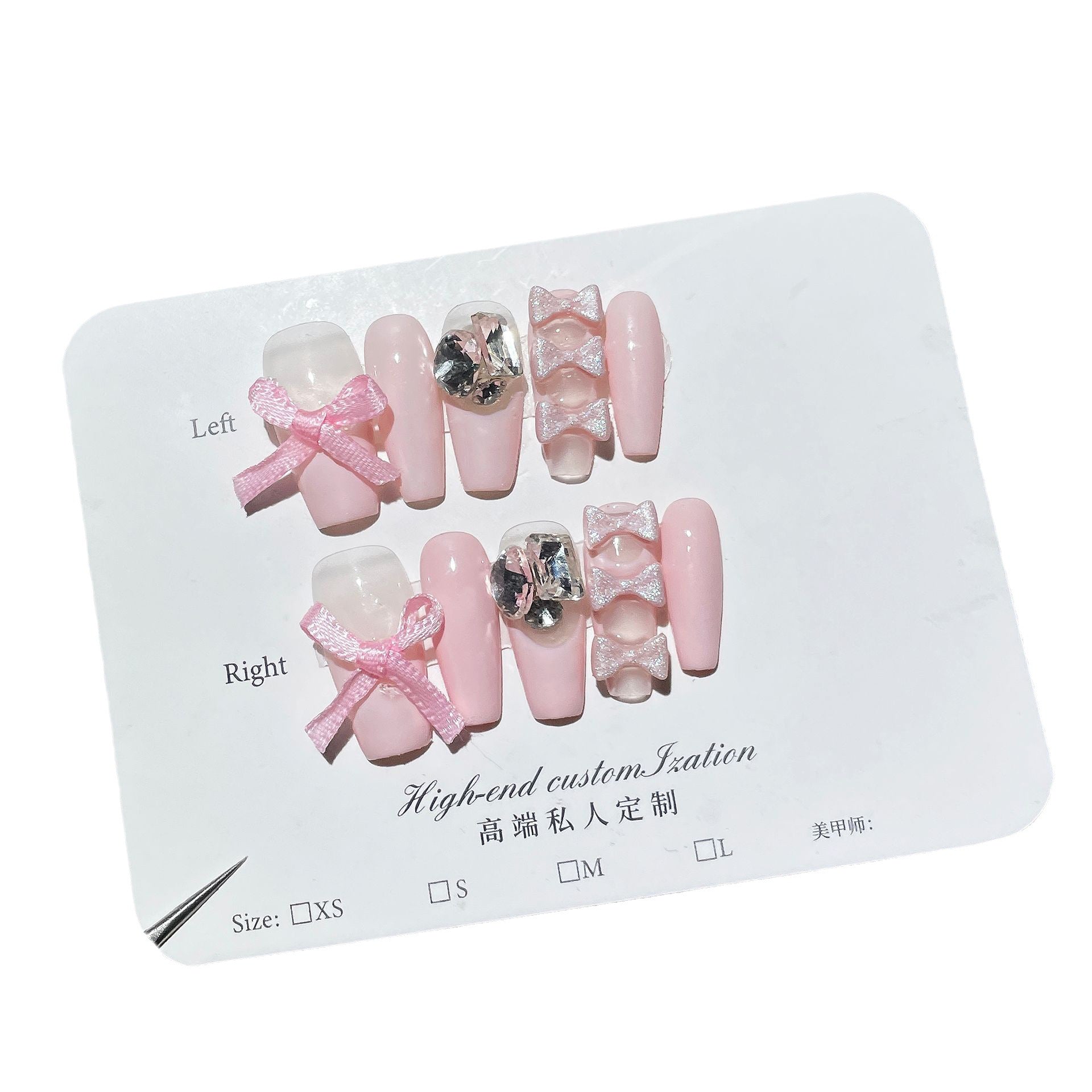 Ballet Pink French Nails with Ribbon Bows and Crystal Accents
