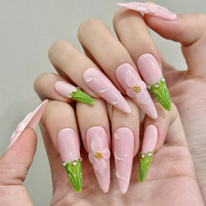 Pure Handmade Carved Pink Premium Nail Art Almond Nail Europe and America | 365nails