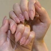 甜純風 裸粉 高級感 立體水鑽 冰透蝴蝶結 甲片｜365nails