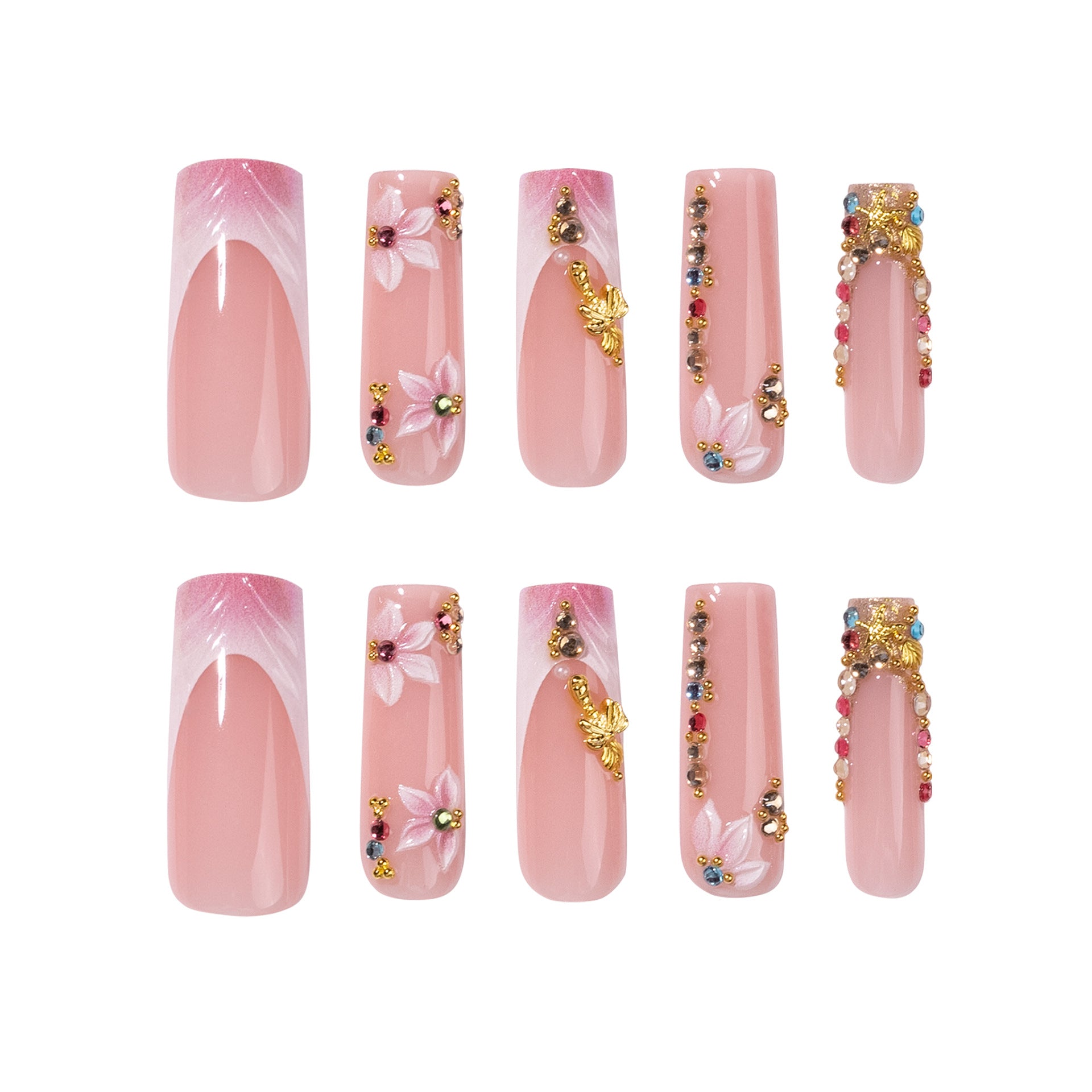 365nails: 핑크 3D 플라워 골드 및 라인스톤 장식 스퀘어형 – 럭셔리 프레스온 네일