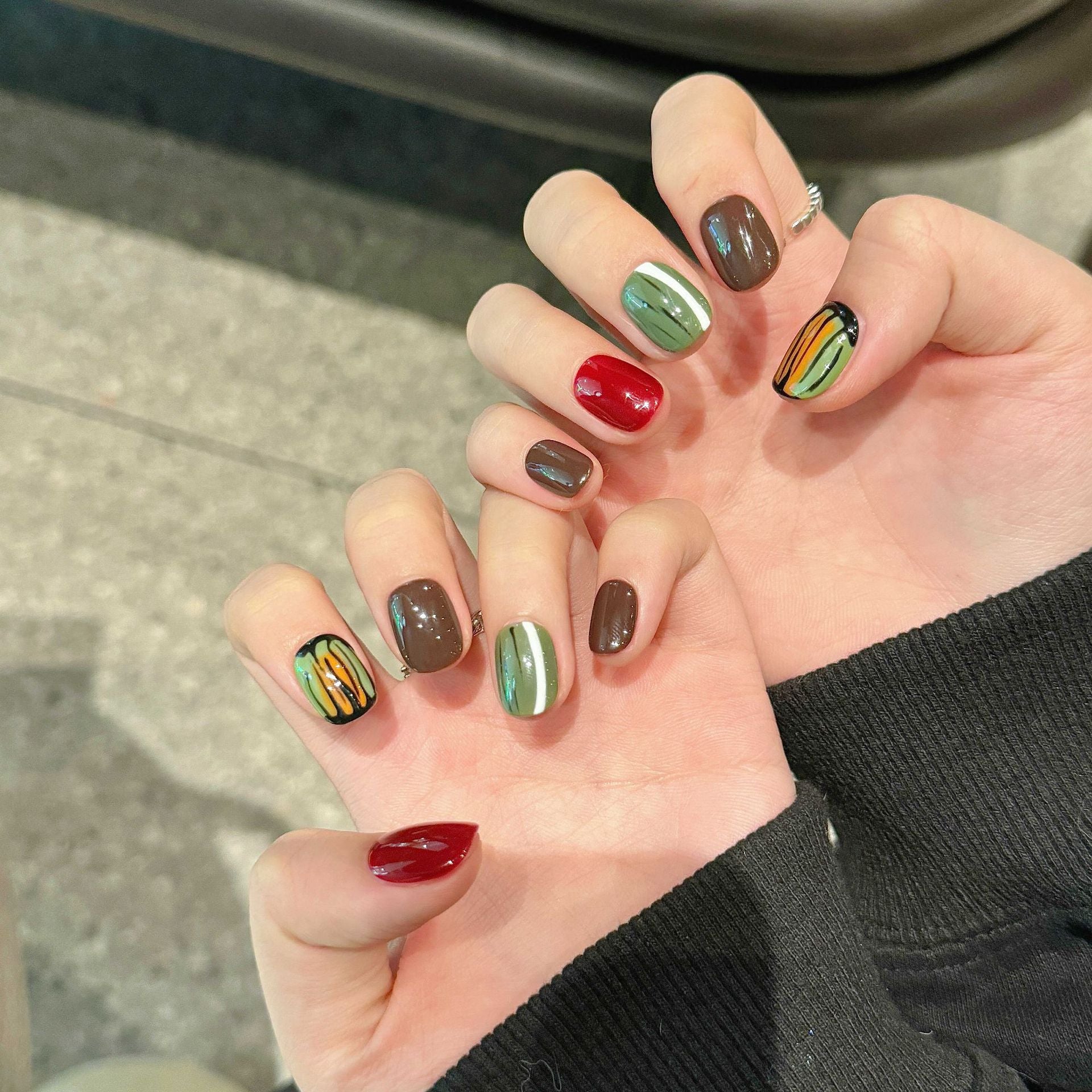 365nails: "Autumn Stripes" – Hand-Painted Geometric Handmade Short Square Nails