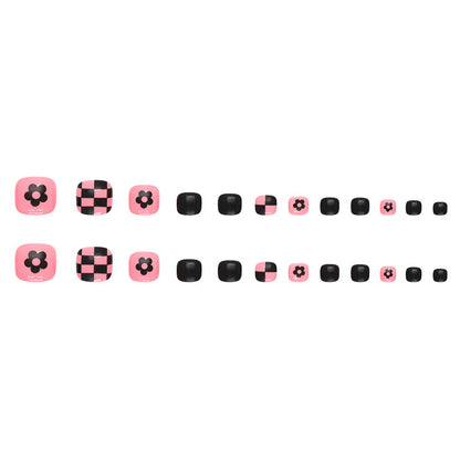 Unhas postiças para os pés, arte em forma de tabuleiro de xadrez com flores, branco, preto e rosa, unhas postiças removíveis, atacado de unhas postiças｜365nails