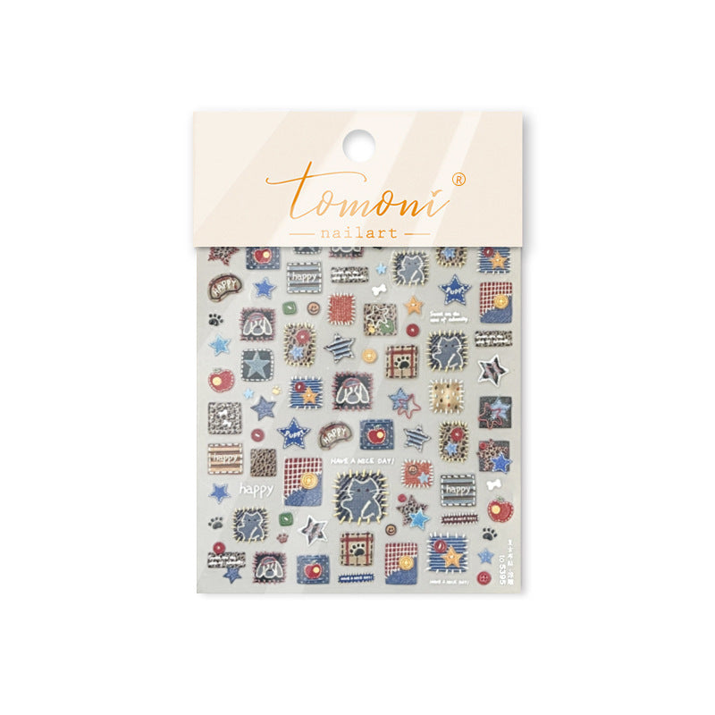 Denim Patch Collection: "Vintage Denim Patch & Kitten" – 3D Embossed Nail Sticker