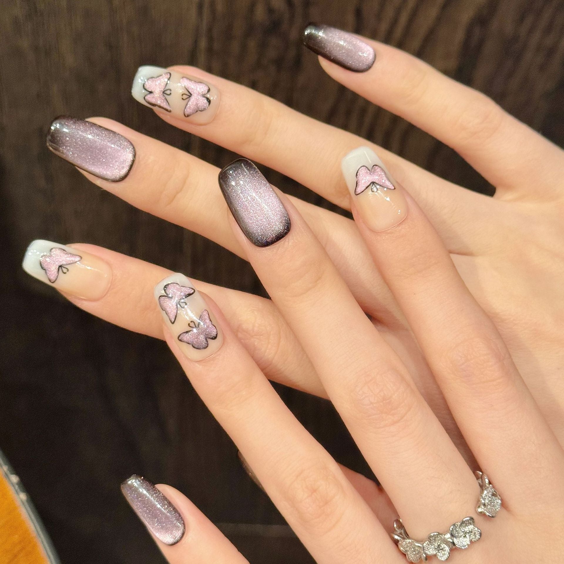365nails: "Mystic Butterfly" – Hand-Painted Cat Eye & Butterfly Handmade Long Stiletto Nails