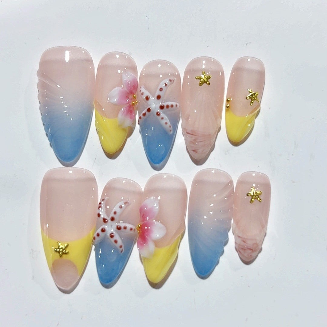 365nails：「海灘海星與雞蛋花」– 中長款杏仁形海洋花卉手工製穿戴甲