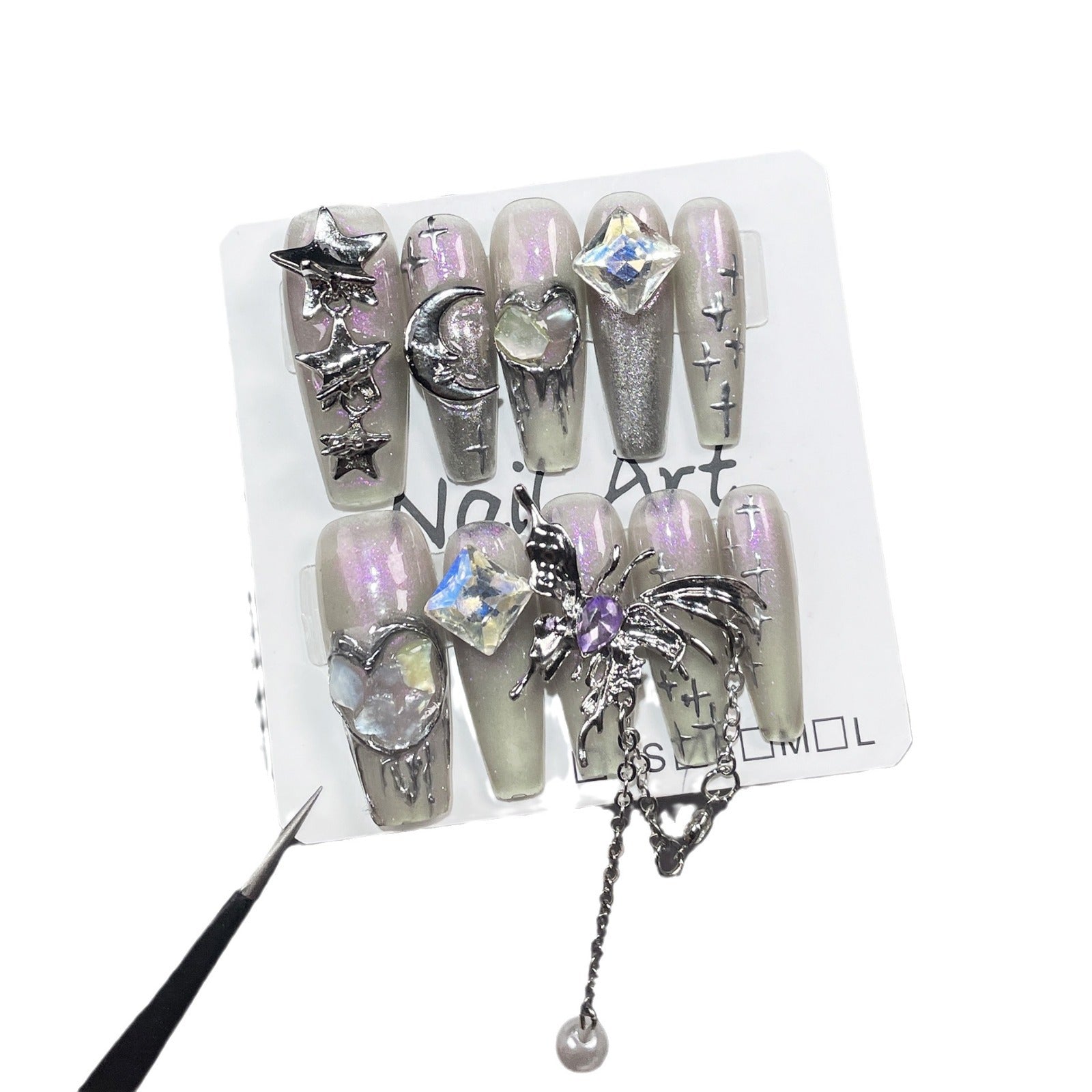 Iridescent Aurora Nails with Shell Textures and Heavy Metal Butterfly Charms