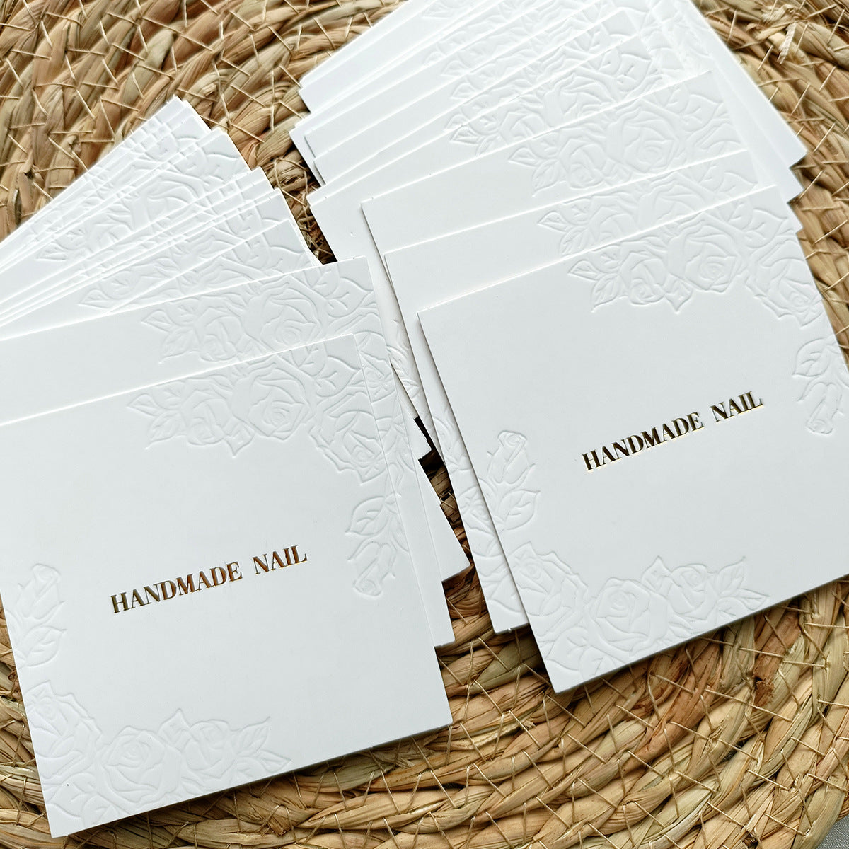 Embossed Handmade Nail Display Cards with Gold Lettering