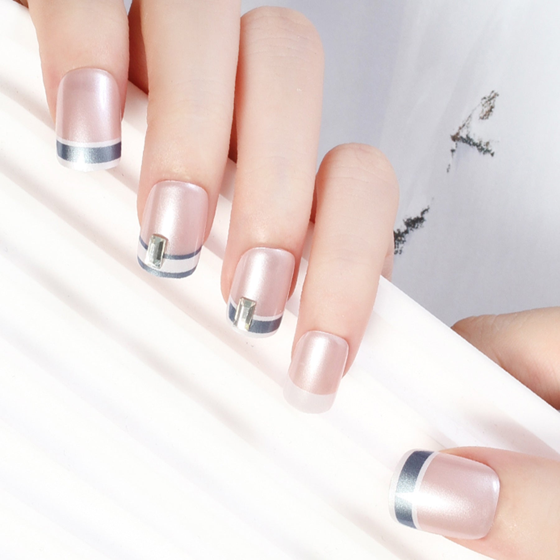 Silver French Stripe Nude Short Square Nail Set