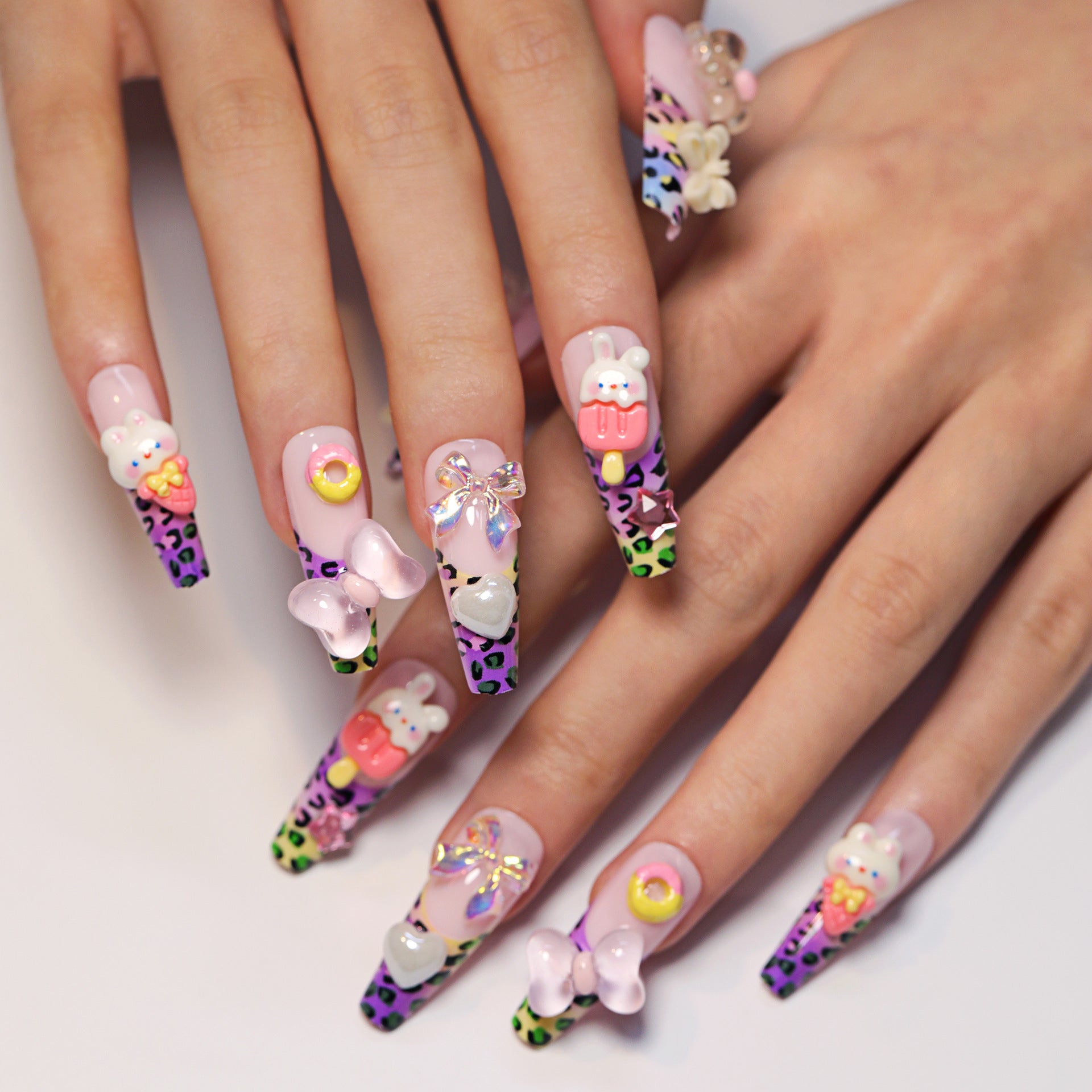 法式色系豹紋 甜美3D蝴蝶結 小兔愛心 可穿戴 甲片 成品 批發｜365nails