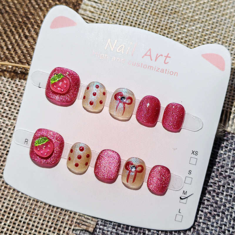 365nails: "doçura de morango cintilante" – unhas postiças redondas curtas artesanais para crianças