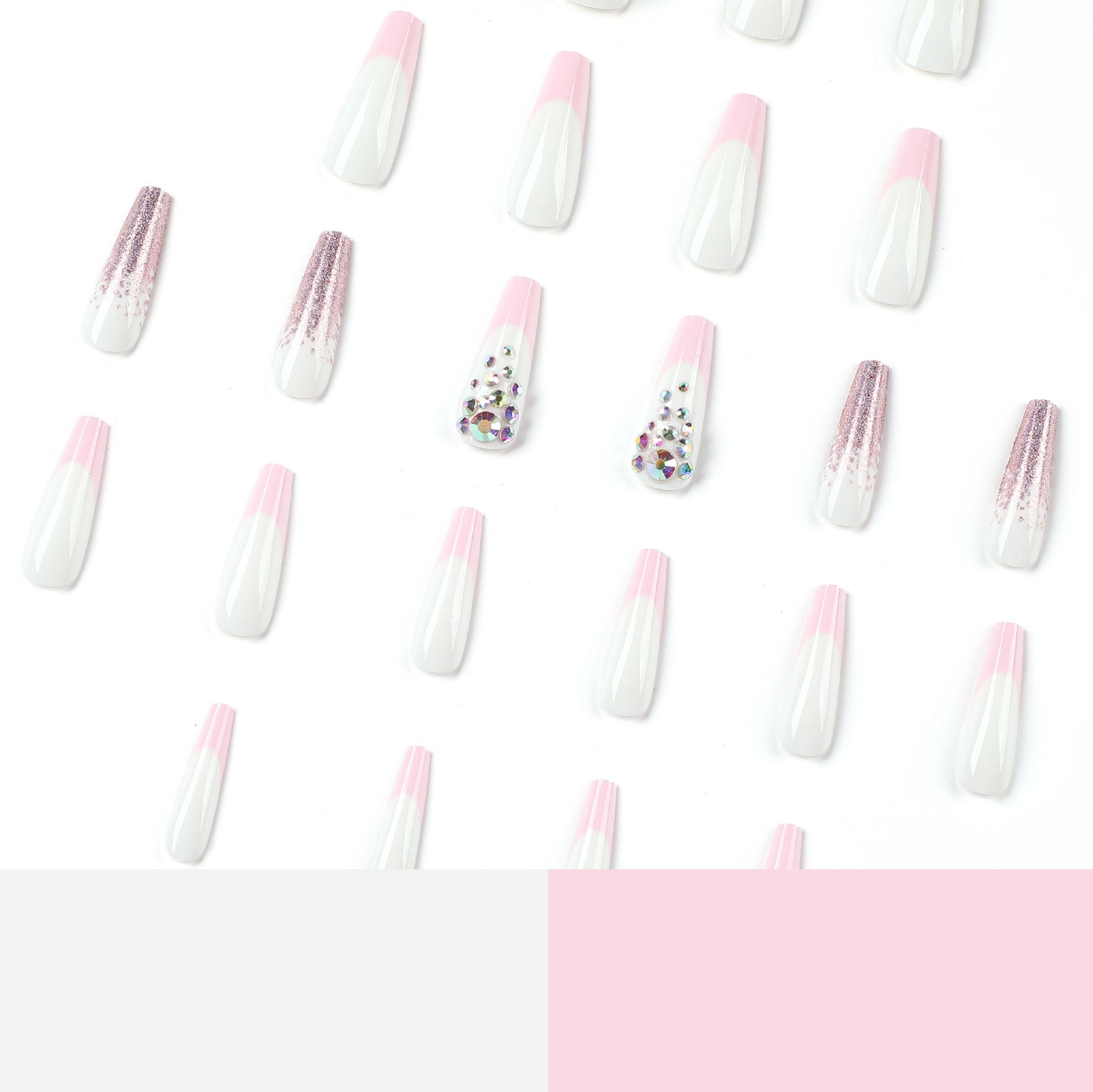 Wear nail wholesale pink French with pink purple glitter and snake rhinestones Wear nail art finished nail pads｜365nails