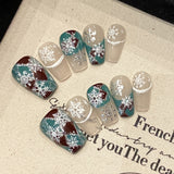 Blue and Red Snowflake Press‑On Nails – Winter Frost Short Design