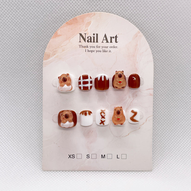 365nails: "caramel bakery bear" – unhas postiças redondas curtas artesanais para crianças