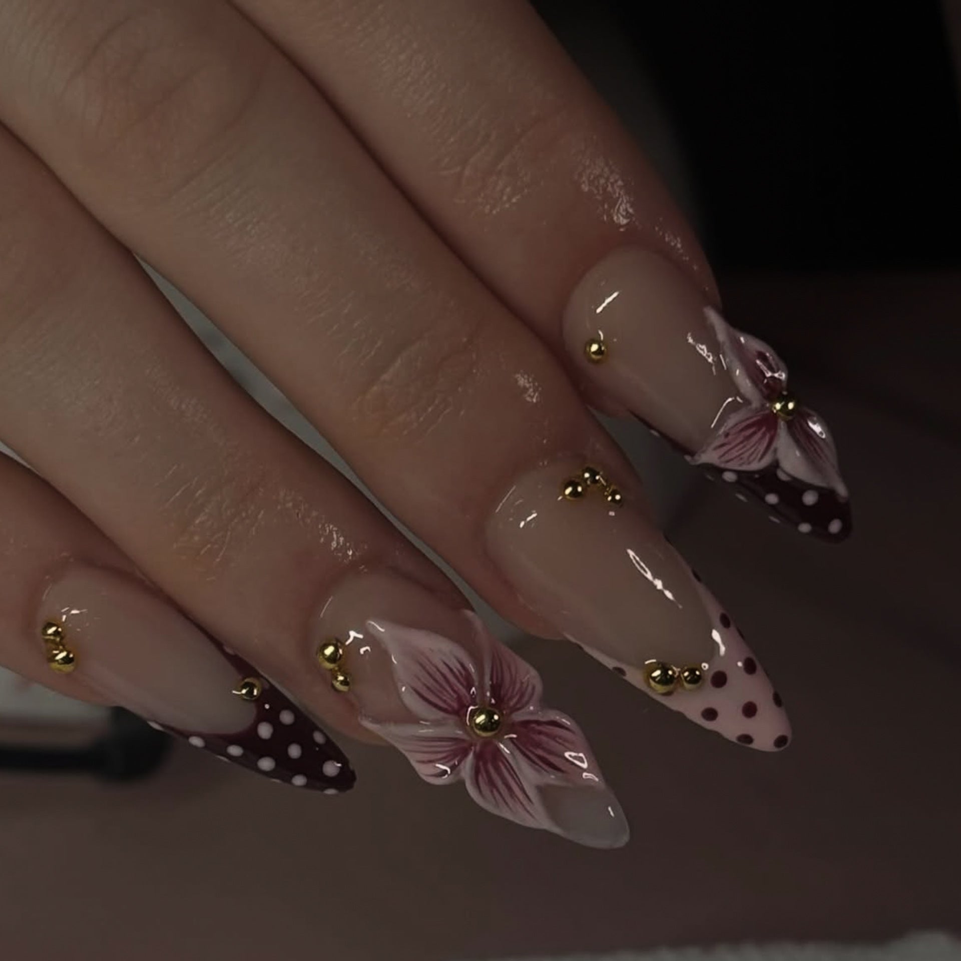 365nails: "3D Pink Flower with Polka Dot French Stiletto" – Elegant Press-on Nails