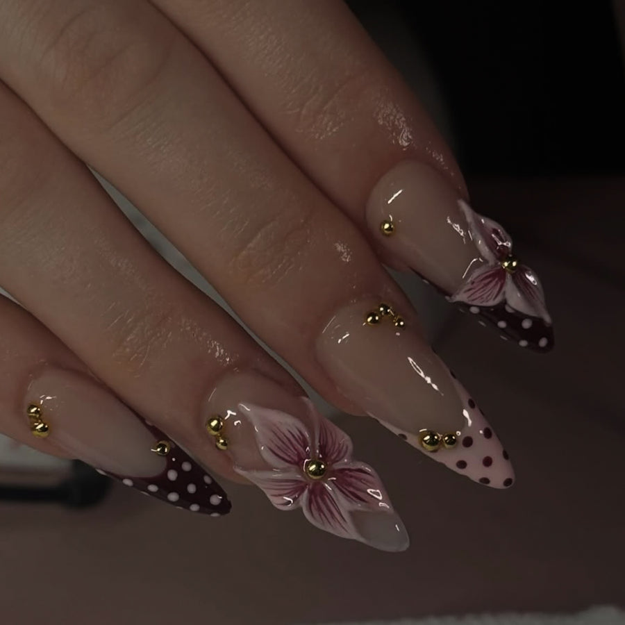 365nails: "3D Pink Flower with Polka Dot French Stiletto" – Elegant Press-on Nails
