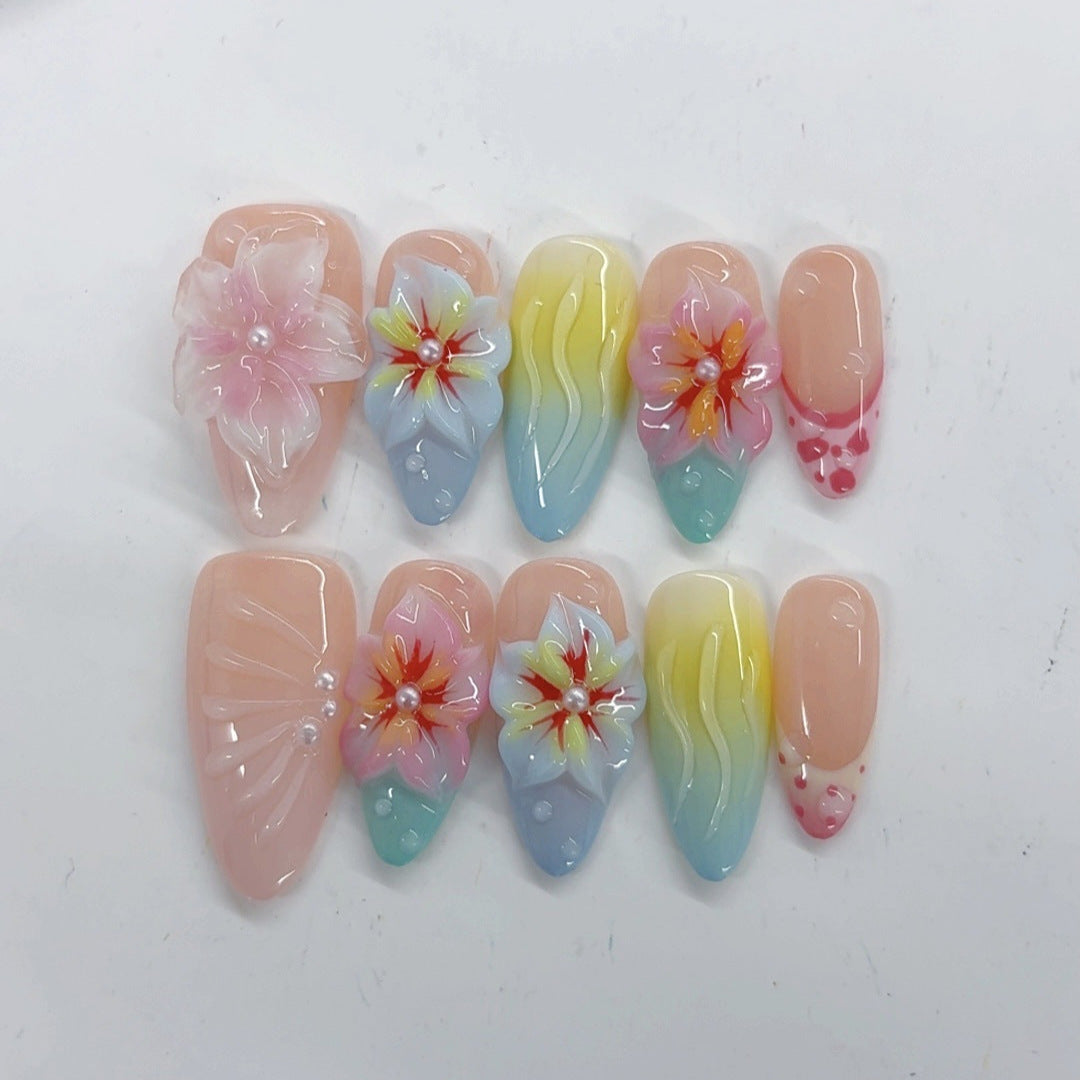 Tropical Bloom: "Gradient Floral" – Almond Press-On Nails