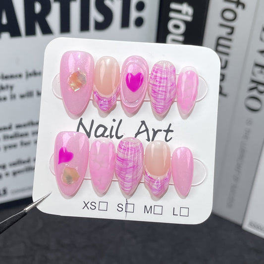 Summer Sweetheart Spice Girl Barbie Princess Pink Cute  Almond Nail Hand-painted Embossed Shell Handmade Press-on Nails｜365nails