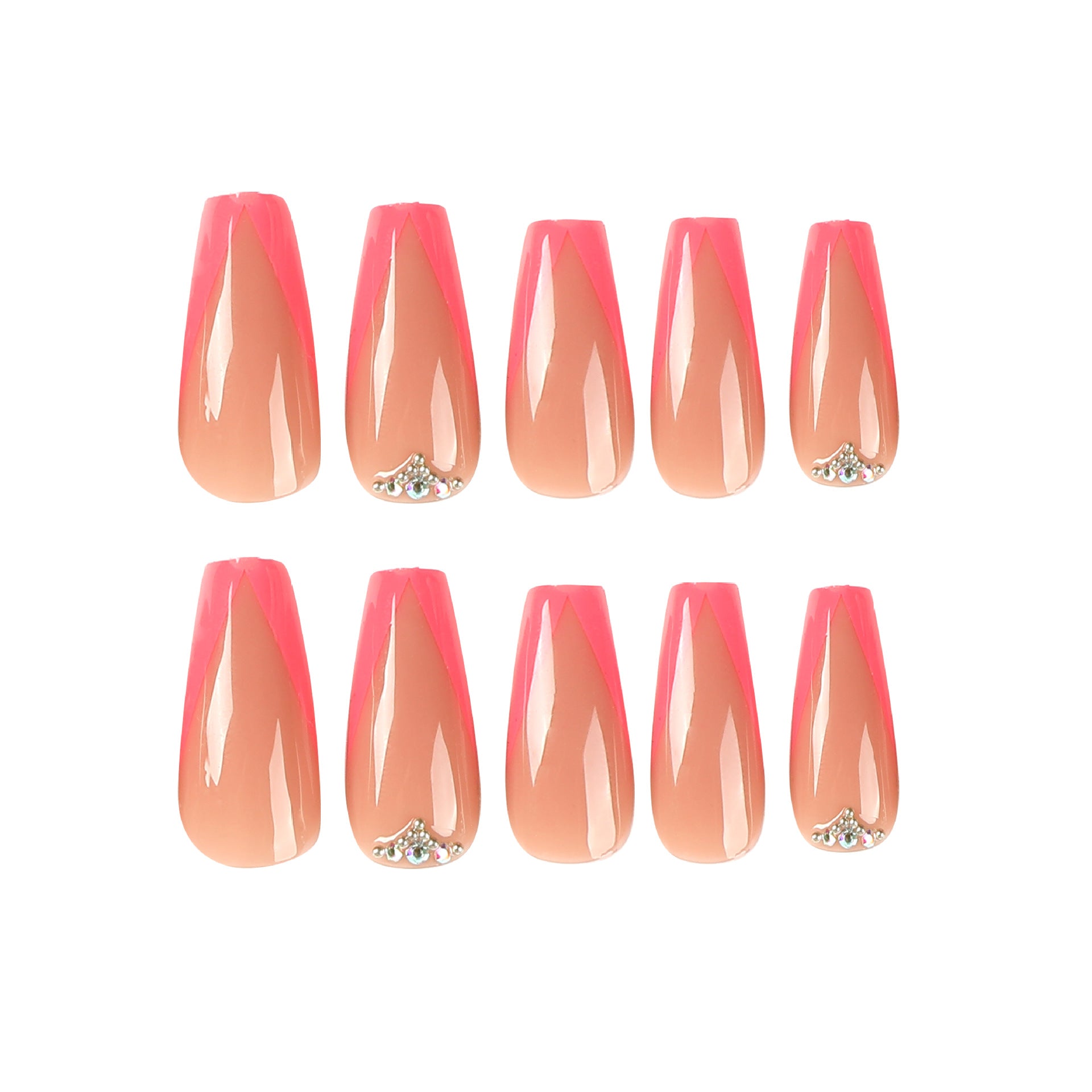 Unhas francesas em formato de V com bordas chanfradas, manicure com strass e diamantes brilhantes, mais vendidas no atacado｜365nails