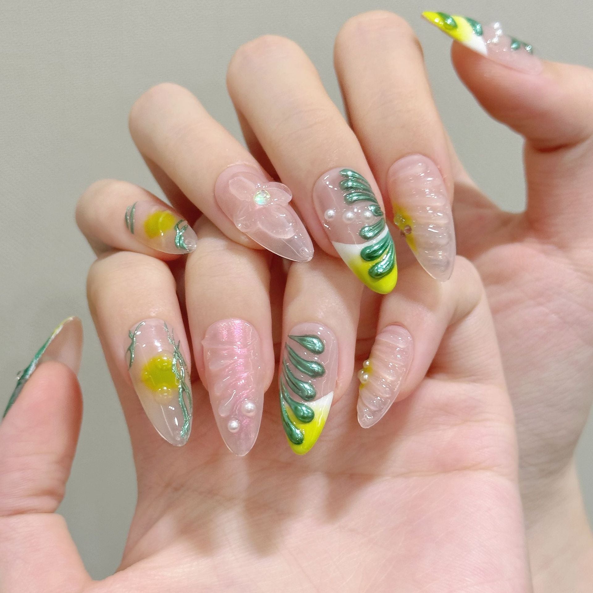 365nails: "Verdant Bloom" – 3D Sculpted Floral Handmade Press on Nails Almond Nails
