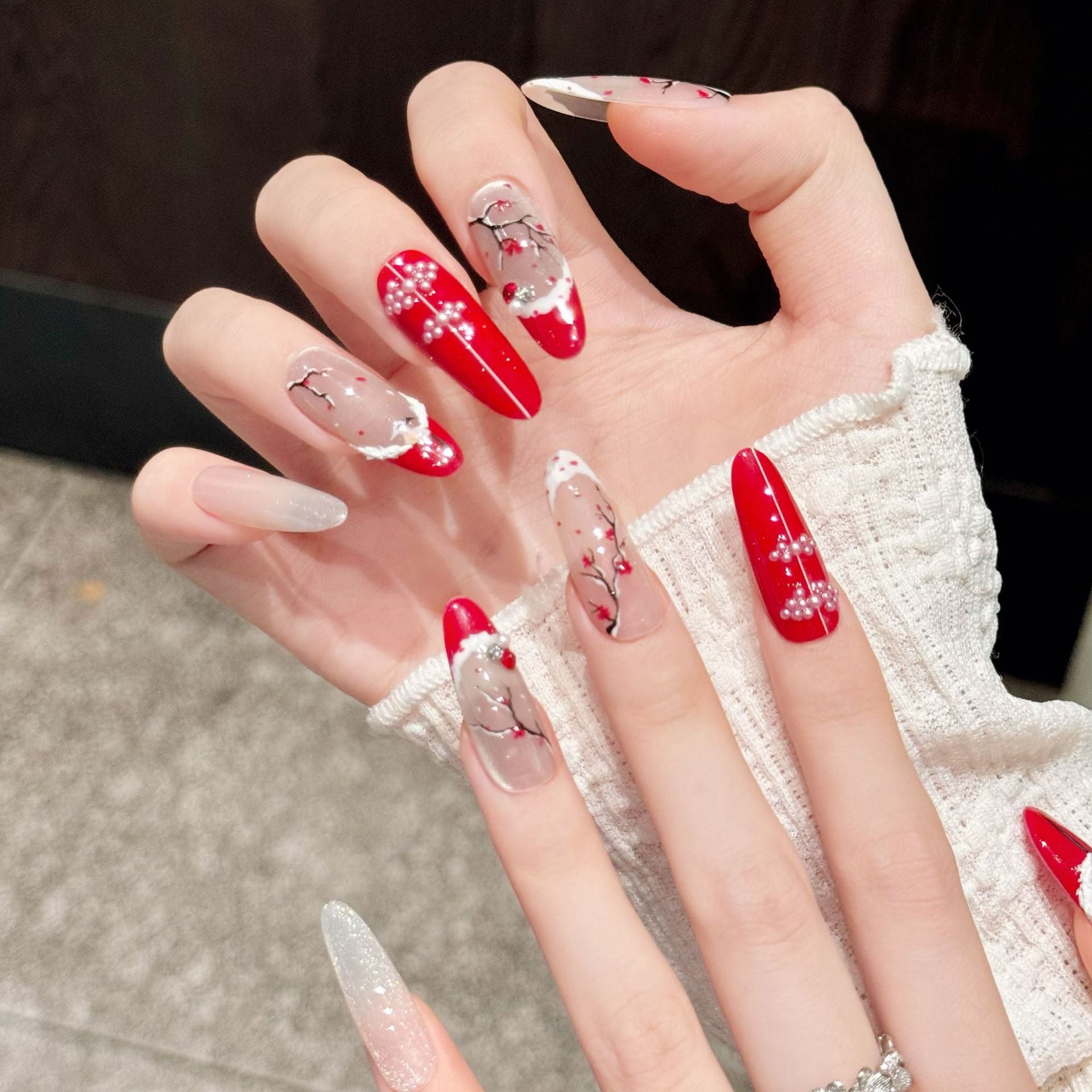 365nails: "Plum Blossom Snow" – Hand-Painted Ink & Red French Tip Handmade Almond Nails