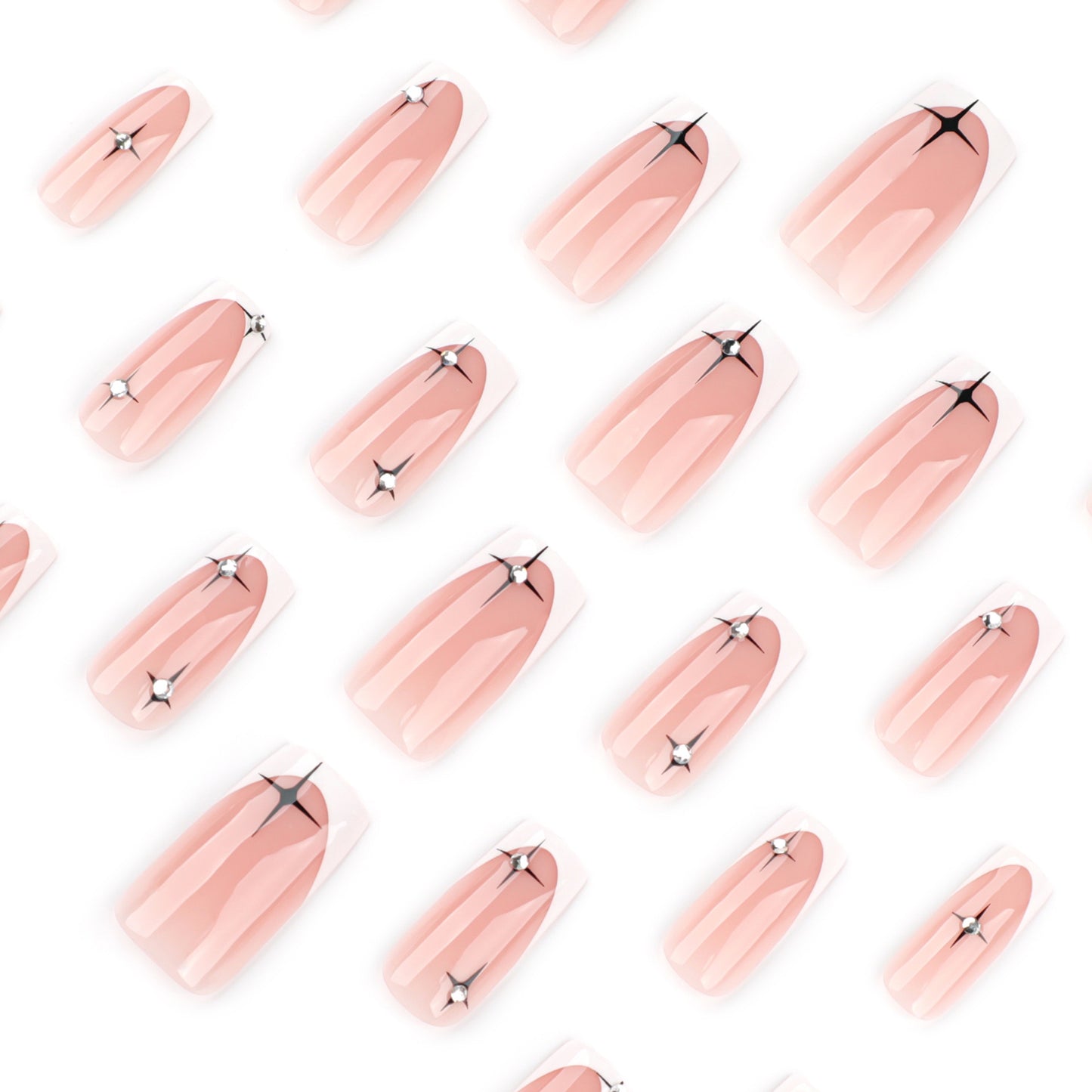 Medium length French white black star square press-on nails