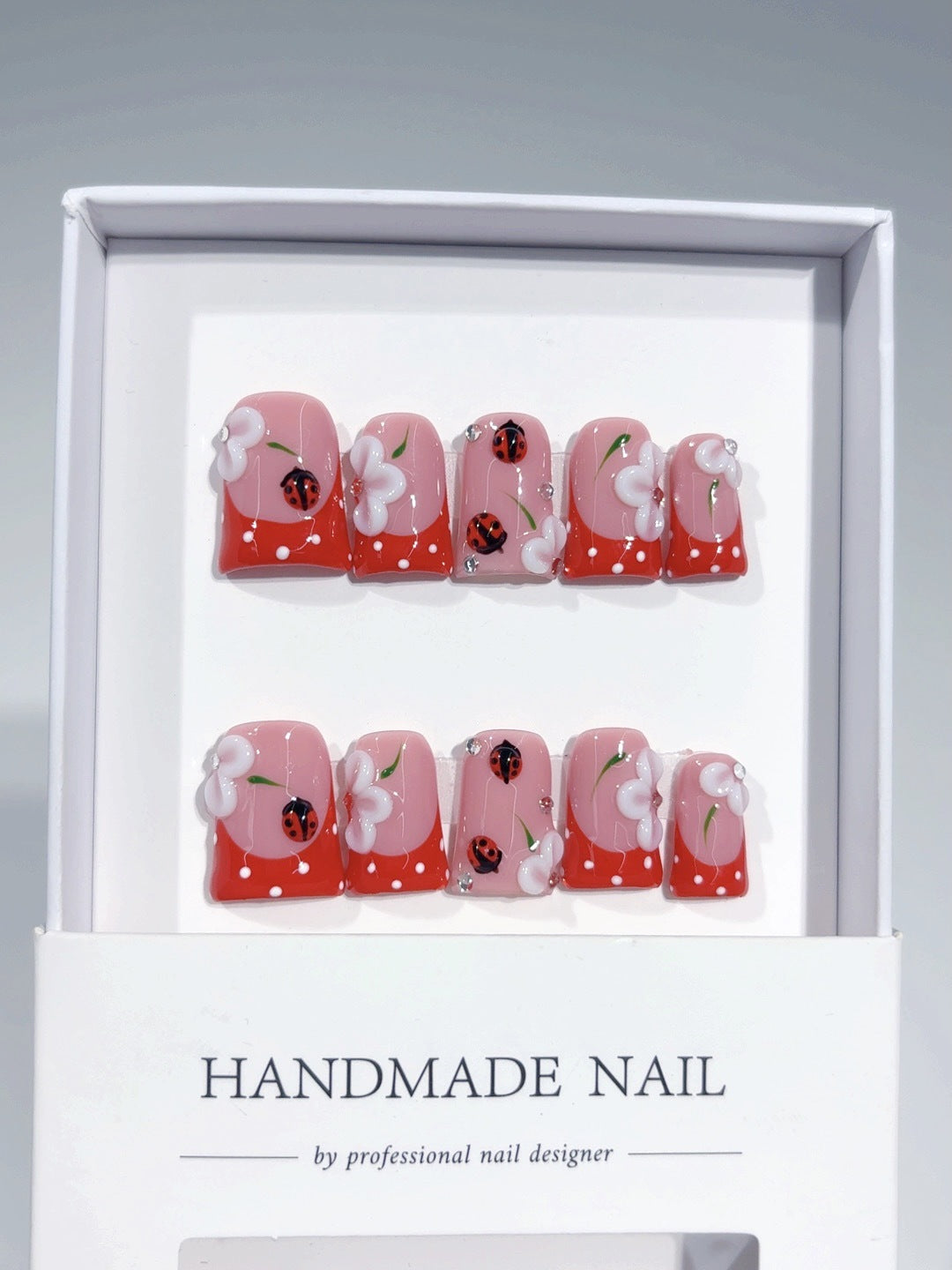 Whimsical Garden: "Ladybug Blossom" – Square Shape Handmade Press-On Nails