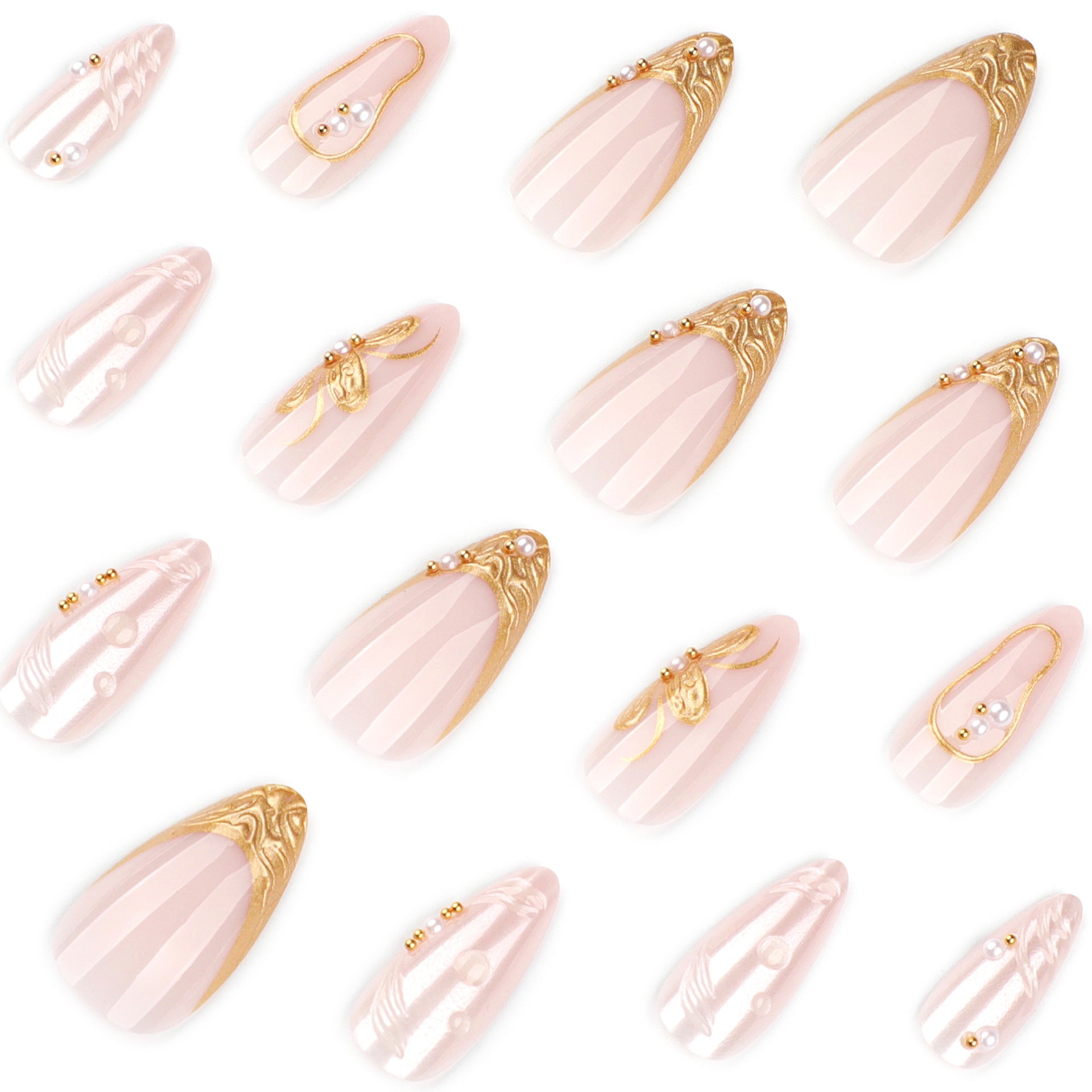 Almond Press On Nails with Pearl Finish & Gold Butterfly Accents
