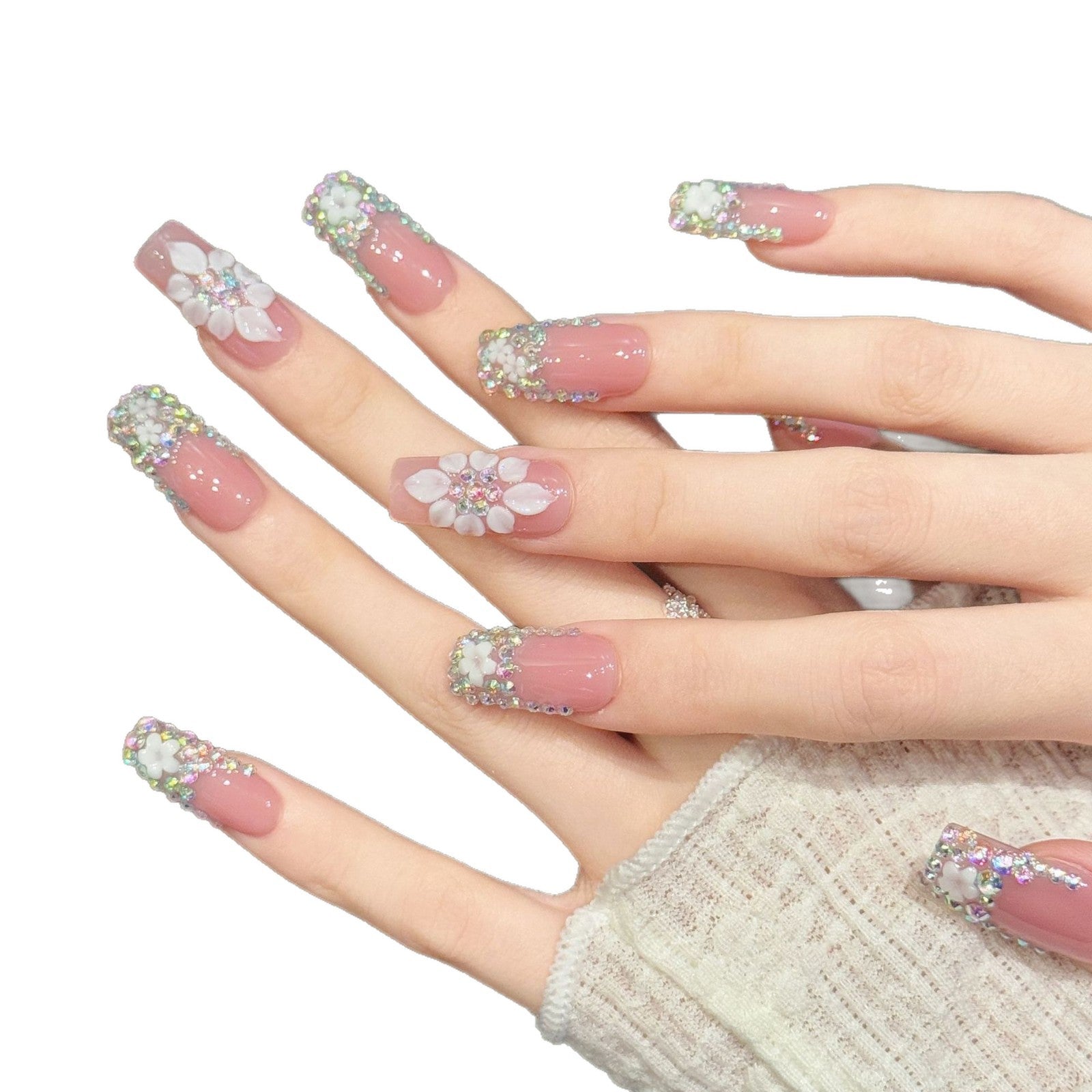365nails: "Crystal Bloom" – 3D Floral & Rhinestone Handmade Medium Almond Nails