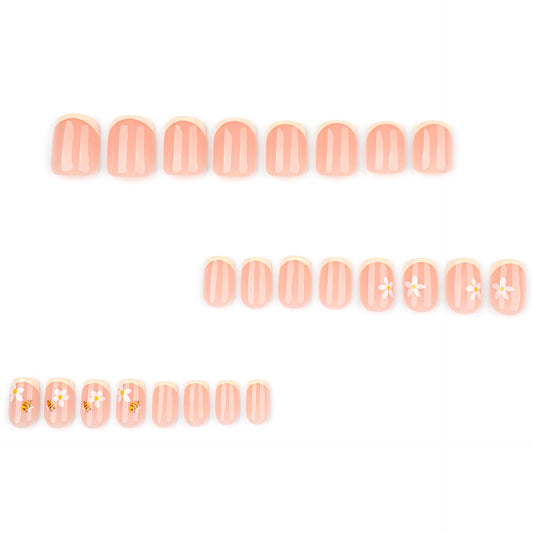 Fresh Bee Flower Nail Art Products Finished Wholesale French Yellow Wearing False Nails Short Square Nail Wearing Nail｜365nails