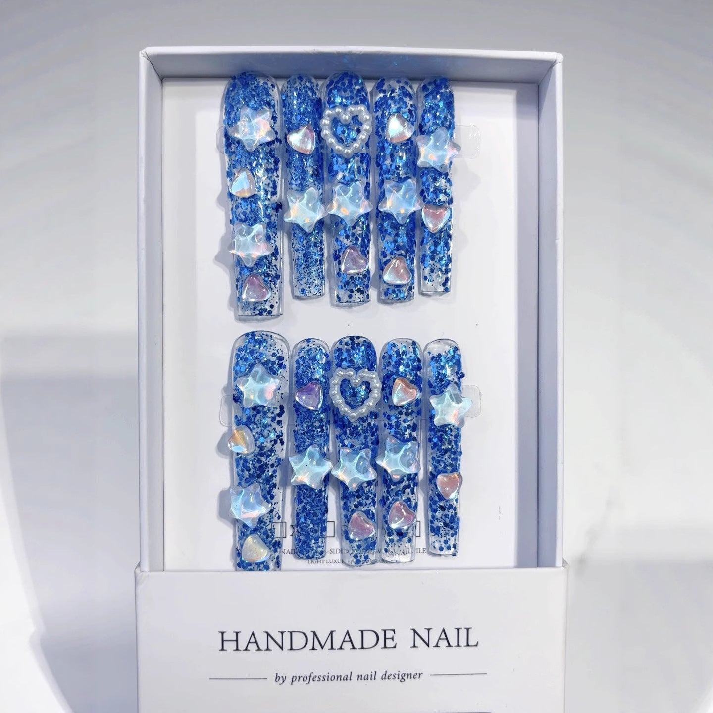 Ocean Blue Crystal Star Heart Glitter Press On Nails