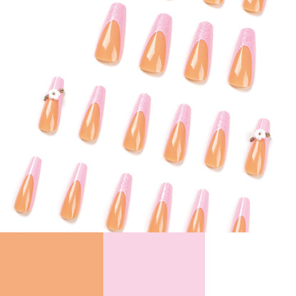 Wholesale of finished nail pads Wearing armor, French pink glitter, small flowers and small gold beads, nail pads with fake nails｜365nails