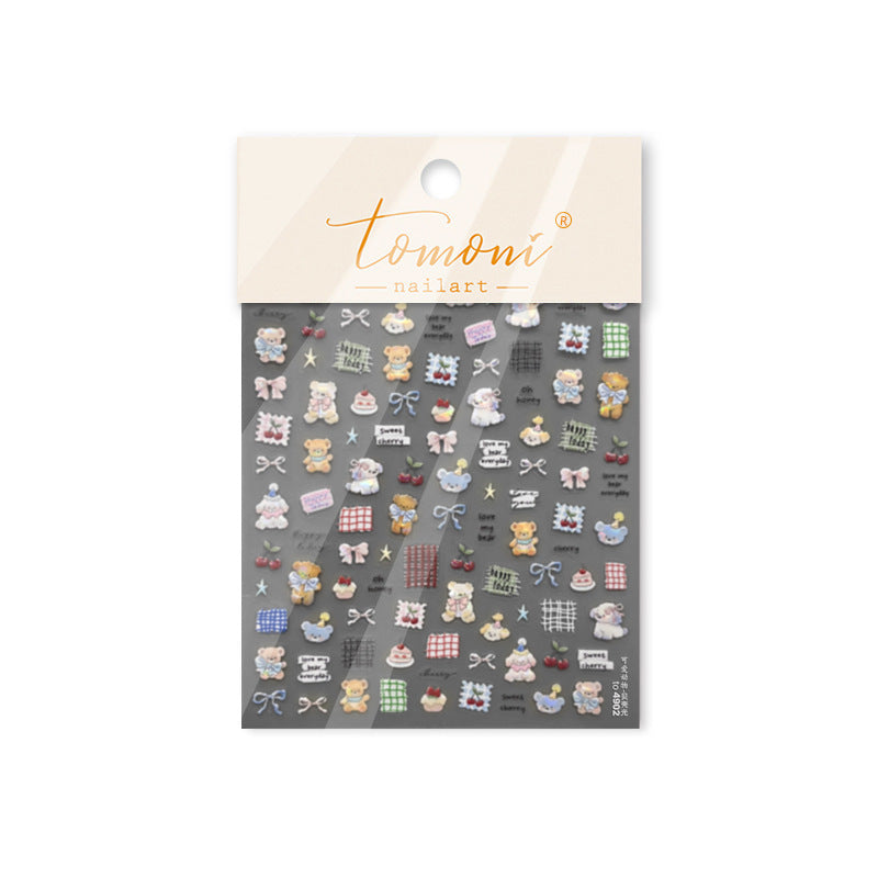 Embossed Teddy Bear & Bunny Nail Stickers – Sweet Cherry Gingham Set