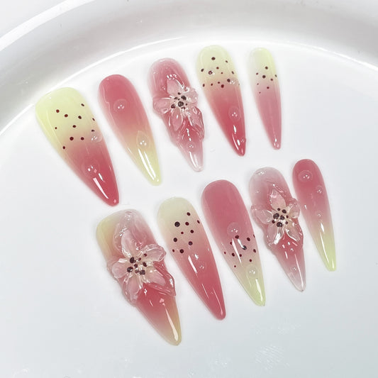 Pistola de pulverização de gelo tridimensional 3D com mudança gradual de lírio, unhas de pressão artesanais, flor de duas cores, desejo puro, doce, remendo de unha longa ｜ 365nails
