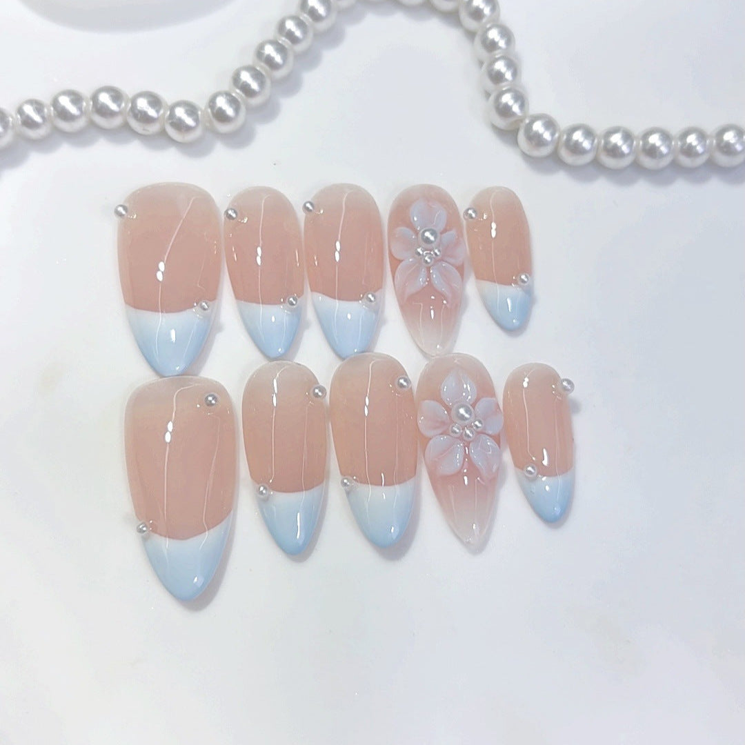 Blue Bloom: "Nude Blue French Flower" – Almond Shape Handmade Press-On Nails