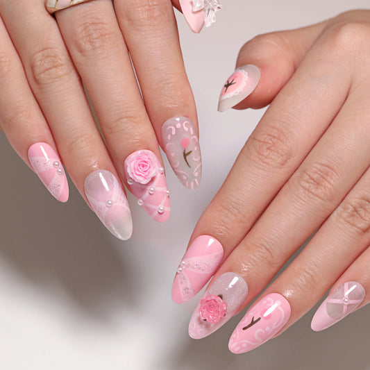 French cute girl powder manicure three-dimensional flower press on nails tulip ribbon fake nail nail piece finished product wholesale｜365nails