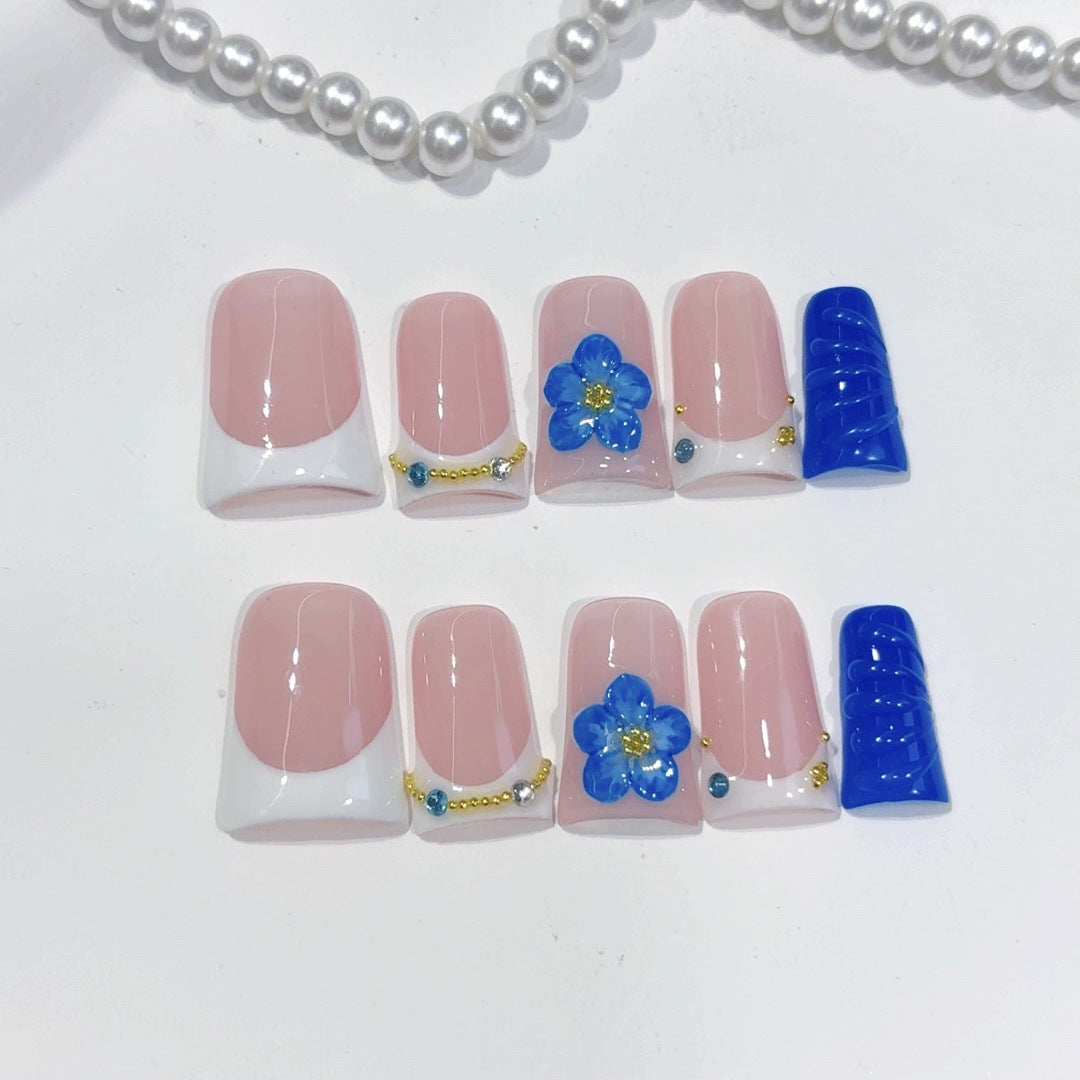 Coastal Bloom: "Cobalt Blue Flower" – Square Shape Handmade Press-On Nails
