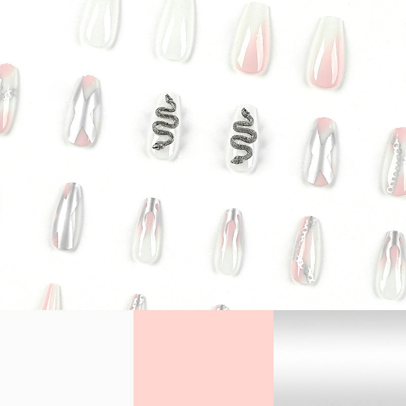 press on armor wholesale pink smudge silver flame chain three-dimensional snake-shaped rhinestone press on armor finished nails piece nails｜365nails