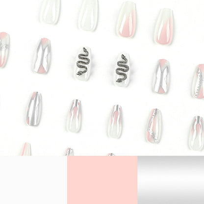 press on armor wholesale pink smudge silver flame chain three-dimensional snake-shaped rhinestone press on armor finished nails piece nails｜365nails
