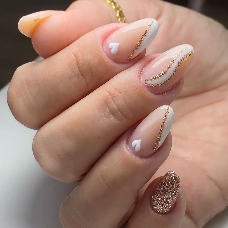 Uñas postizas cortas francesas con borde blanco ondulado y polvo dorado, pequeñas uñas con forma de corazón, venta al por mayor, uñas postizas | 365nails