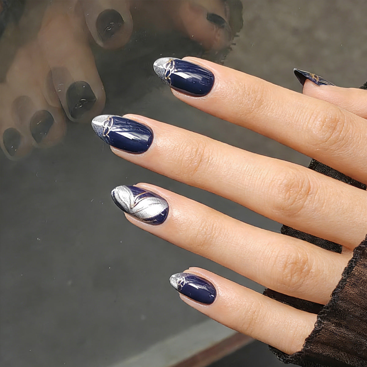 Midnight Bloom Collection: "Silver Orchid" – Medium Almond Press-On Nails