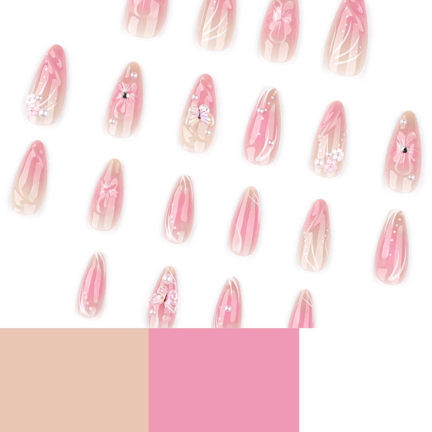 hot-selling almond nail short wearable nail piece blush fake nail 3D three-dimensional flower nail piece｜365nails