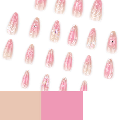 hot-selling almond nail short wearable nail piece blush fake nail 3D three-dimensional flower nail piece｜365nails