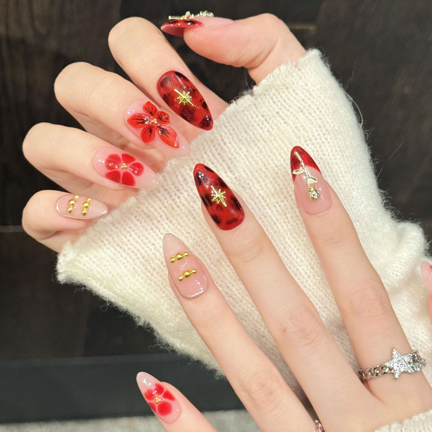 Red Floral Gold Accent Press On Nails