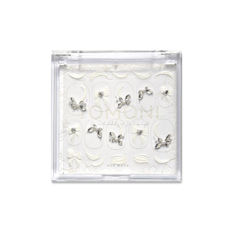 Pearl Bow & Lace Embroidery: "Bridal Crystal Charm" – 5D Embossed Nail Sticker